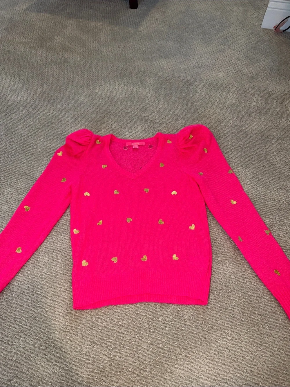 Lilly Pulitzer Hot Pink V-Neck Sweater with Gold Heart Accents